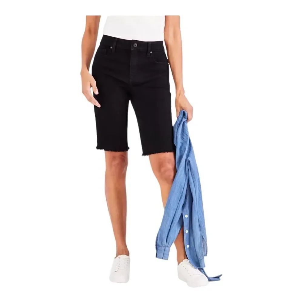 Style & Co Womens Mid-Rise Raw-Edge Bermuda Jean Shorts Deep Black 4 NWT